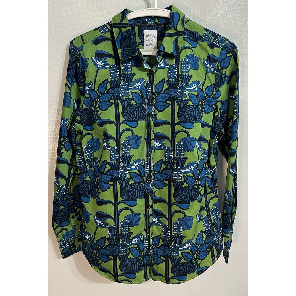 Brooks Brothers Sz 10 Fitted Women's Supima Cotton Blue Green Floral Shirt